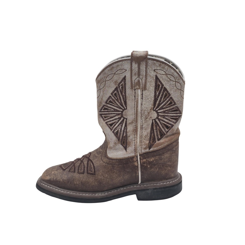 Dan Post Western Boots‎ Kids Size 2 Brown Leather Geometric Stitch Square Toe